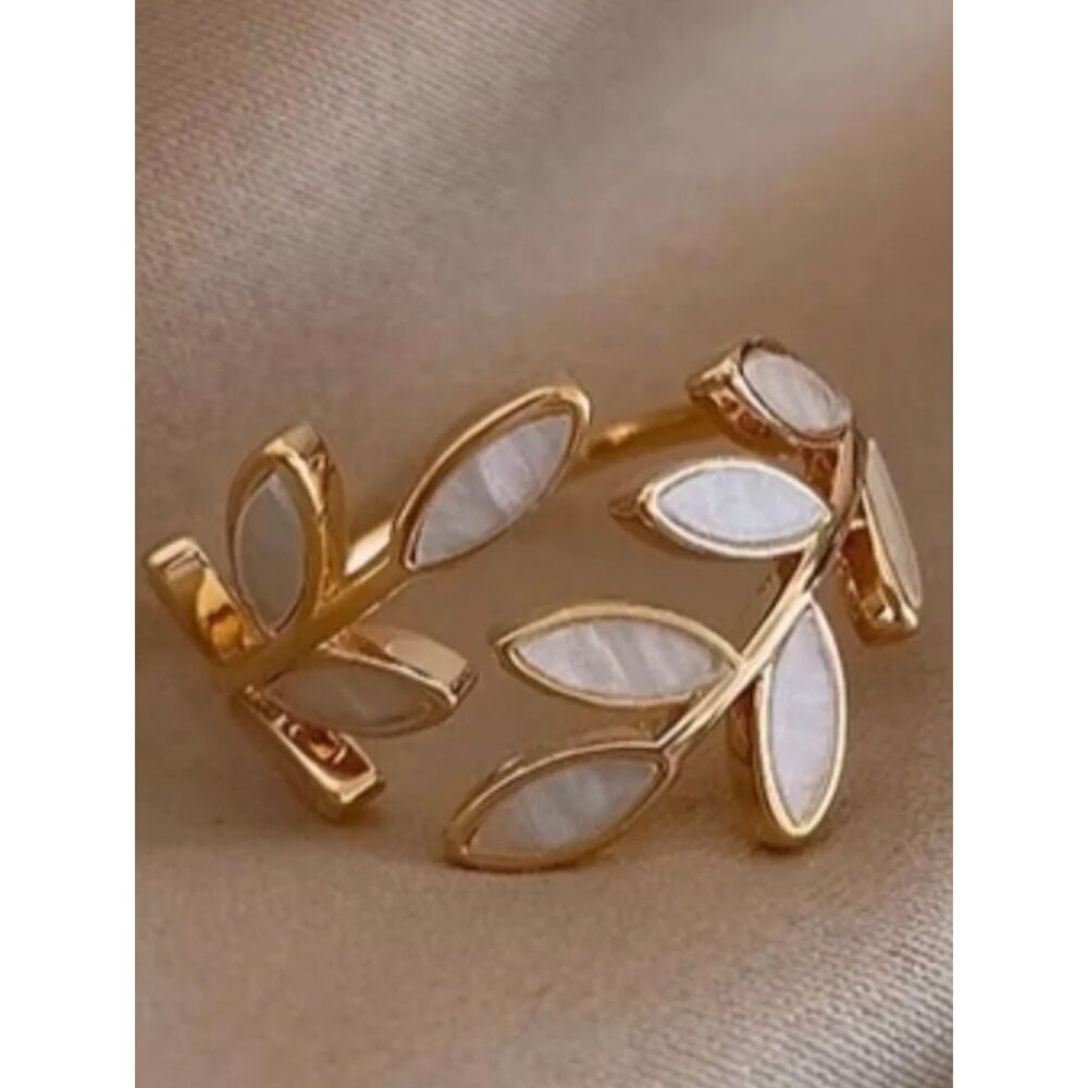 Gold Leaf Ring with White Marquise Inlays - Women Jewelry